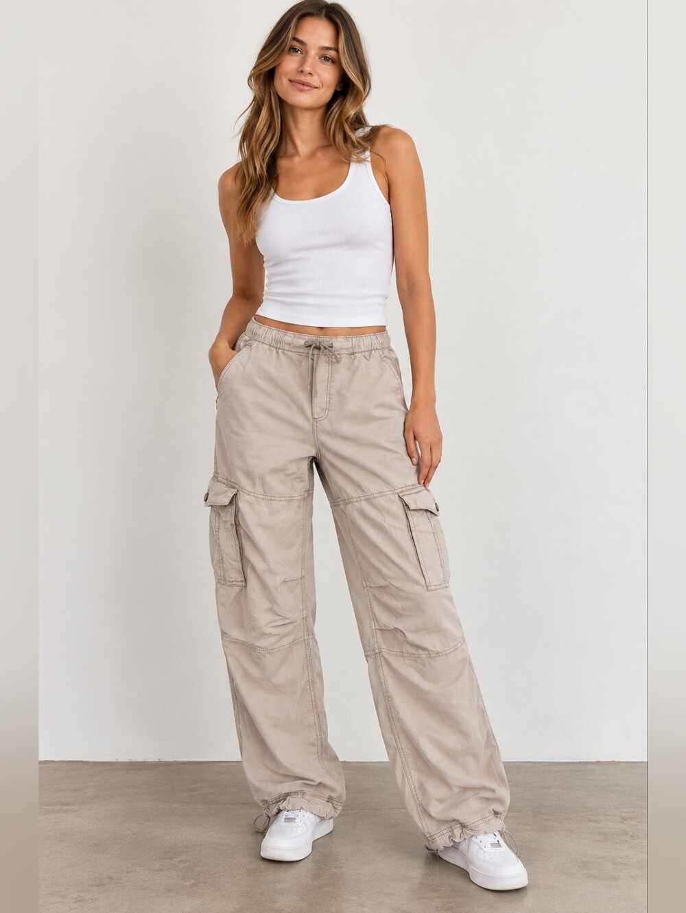 Garage Beige Cotton Cargo Parachute Pants